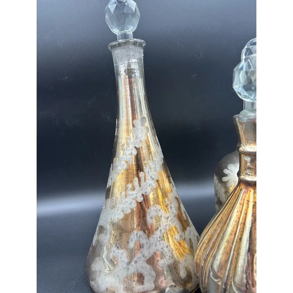 Gold Mercury Glass Decanters w/ Crystal Stoppers Vintage Style Set Of 3